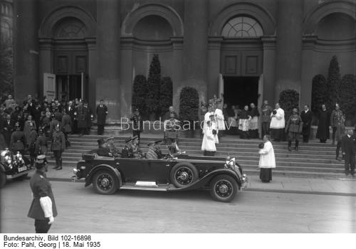 Adolf Hitler arrives at St. Hedwig's Cathedral in Berlin for the memorial service for Polish First Marshal Jozef Pilsudski